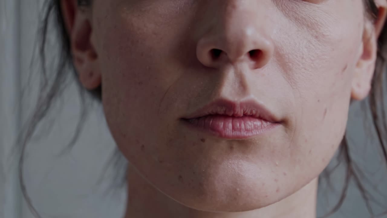 Close-up video shot of a woman's face, focusing on lips and skin texture