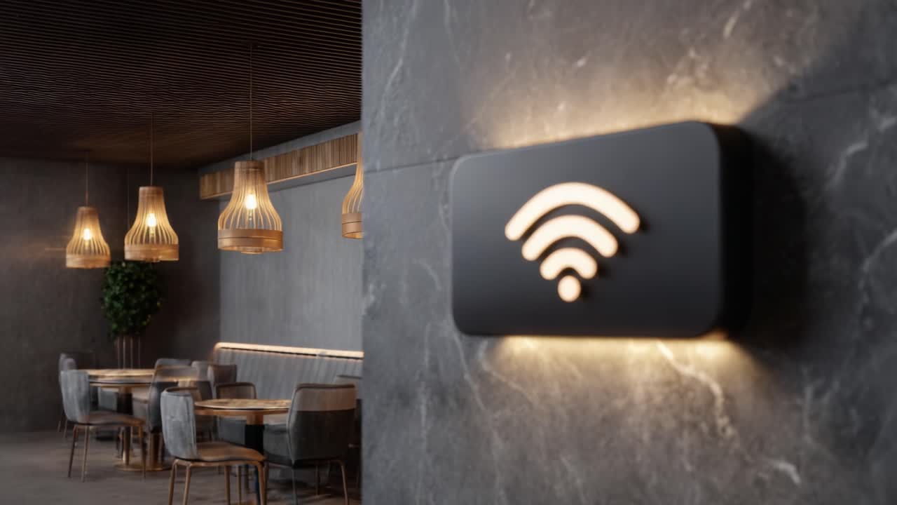 A modern interior featuring a stylish Wi-Fi signal icon, illuminated against a sleek marbled wall, showcasing a cozy seating area perfect for dining or working