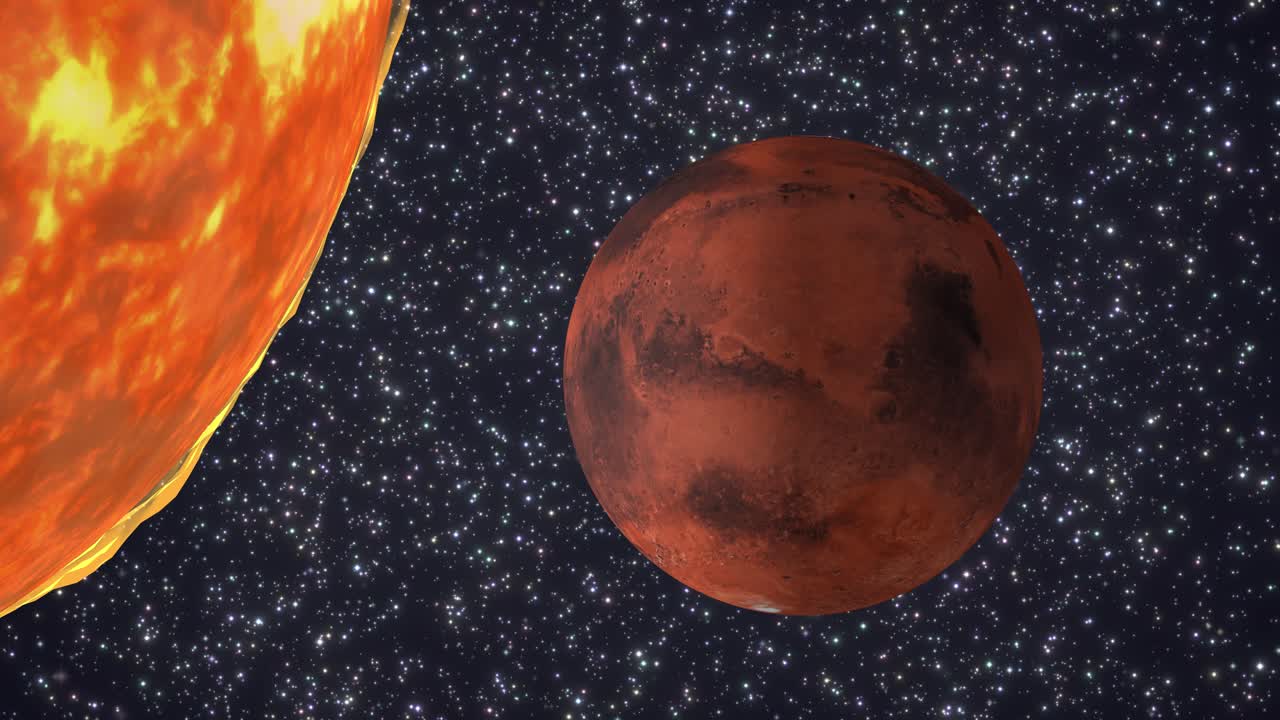 The red planet Mars rotates slowly against a starry background near the glowing sun