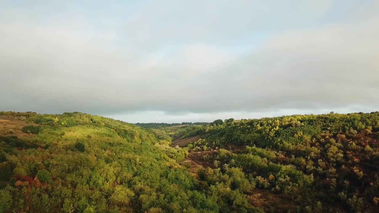 Beautiful natural view of green forests on hills and fields under the light cloudy sky. Flight over wonderful landscape in summer. Aerial view