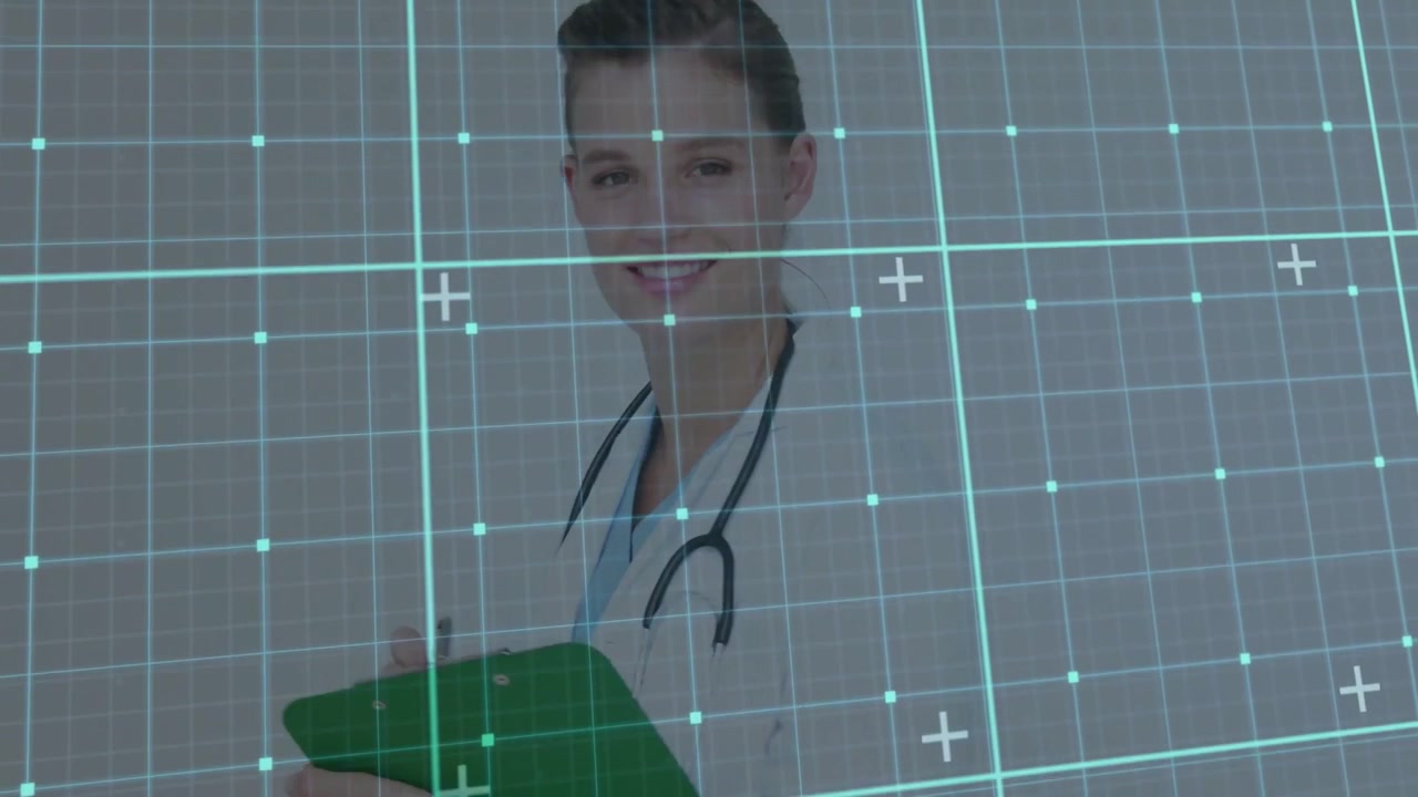Video vertical: Doctora leyendo un portapapeles verde anotando datos del paciente, con una cuadrícula cian superpuesta sobre ella.