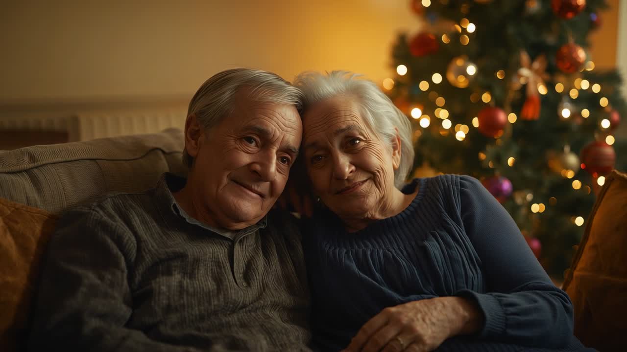Sharing love senior couple gazing on sofa beside lit Christmas tree, celebrating holiday bond