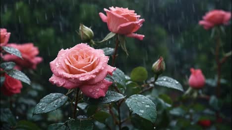pink roses in the rain