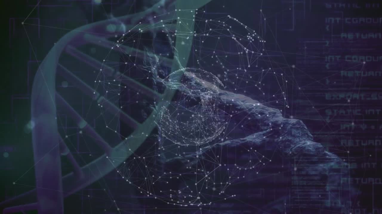 Animazione di filamento di DNA che ruota su elaborazione dati scientifici su sfondo blu