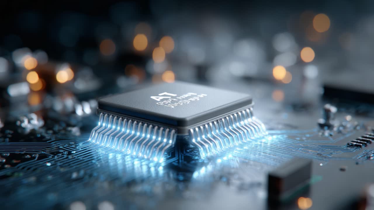A close-up view of a highly detailed microprocessor showcasing intricate circuitry, glowing lights, and advanced technology, illustrating the complexity of modern computer components