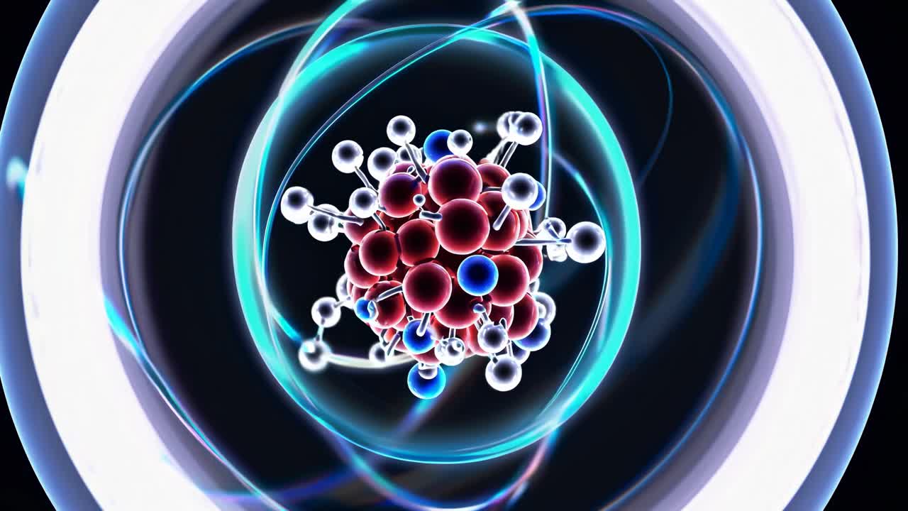 Nærbilde videoanimasjon av en atomstruktur med virvlende energilinjer