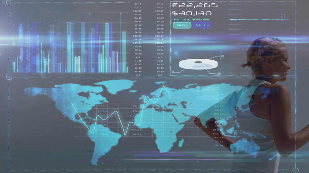 animación de una pantalla digital con datos sobre una mujer caucásica corriendo en la playa