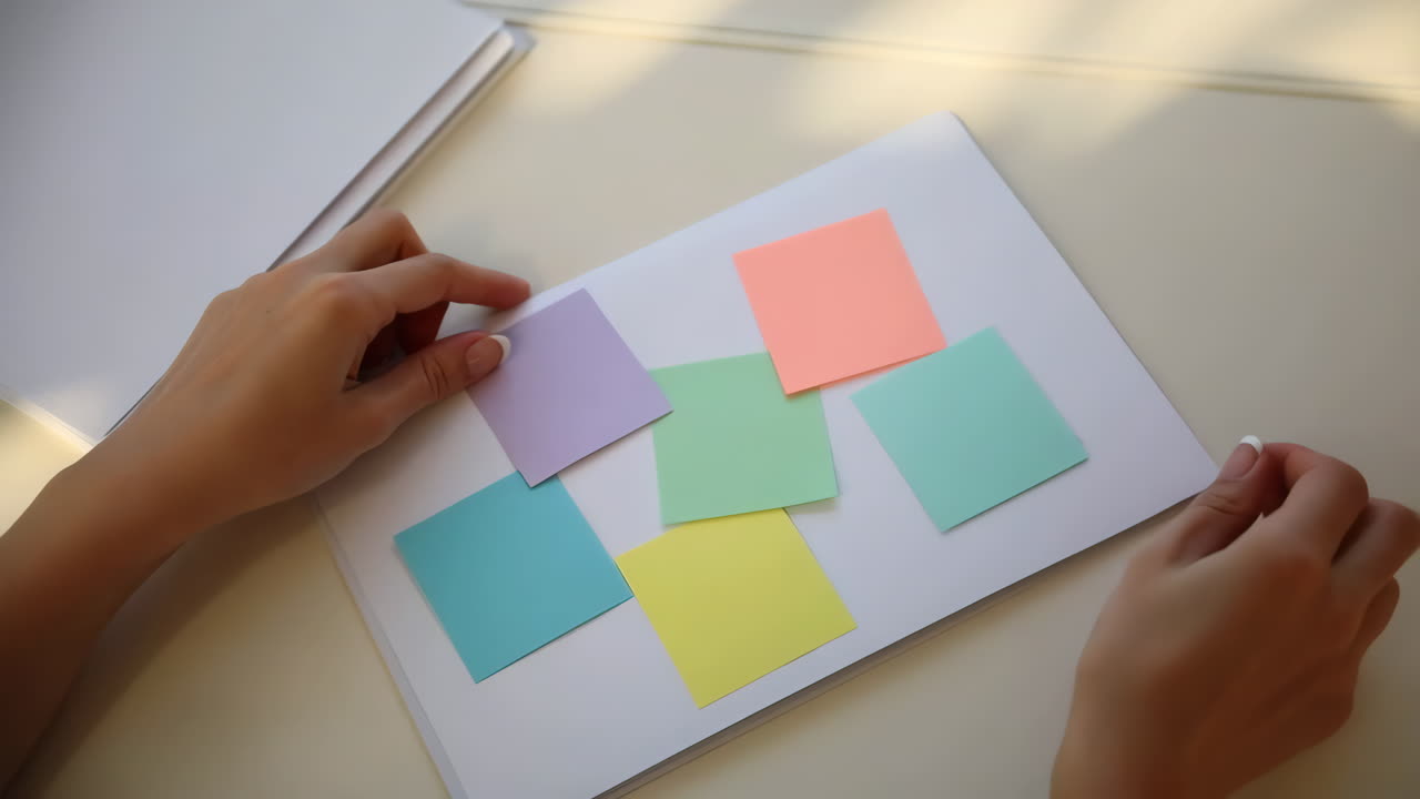 Hands arranging colorful sticky notes on a notebook