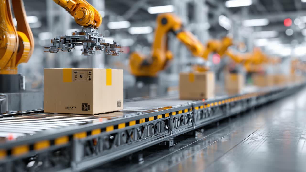Automated Industrial Conveyor System with Robotic Arms Handling Packages Efficiently in a High-Tech Warehouse Environment