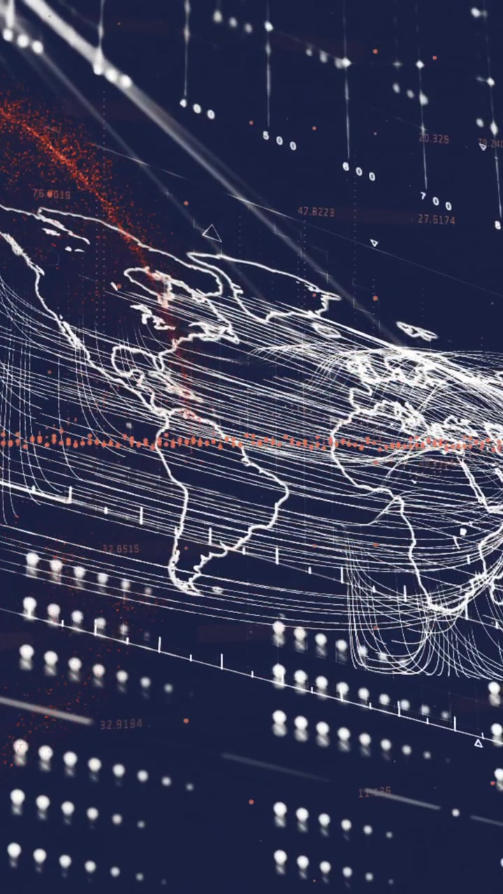 Animation of world map and digital data processing over dark background