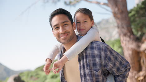 love, piggyback and face of father with girl child