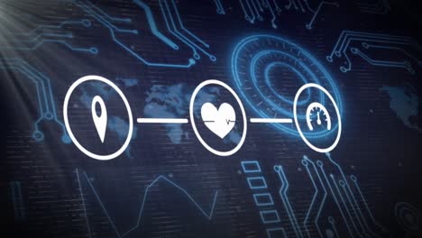 animación de una red de iconos digitales a través de conexiones de escáner redondo y microprocesador.