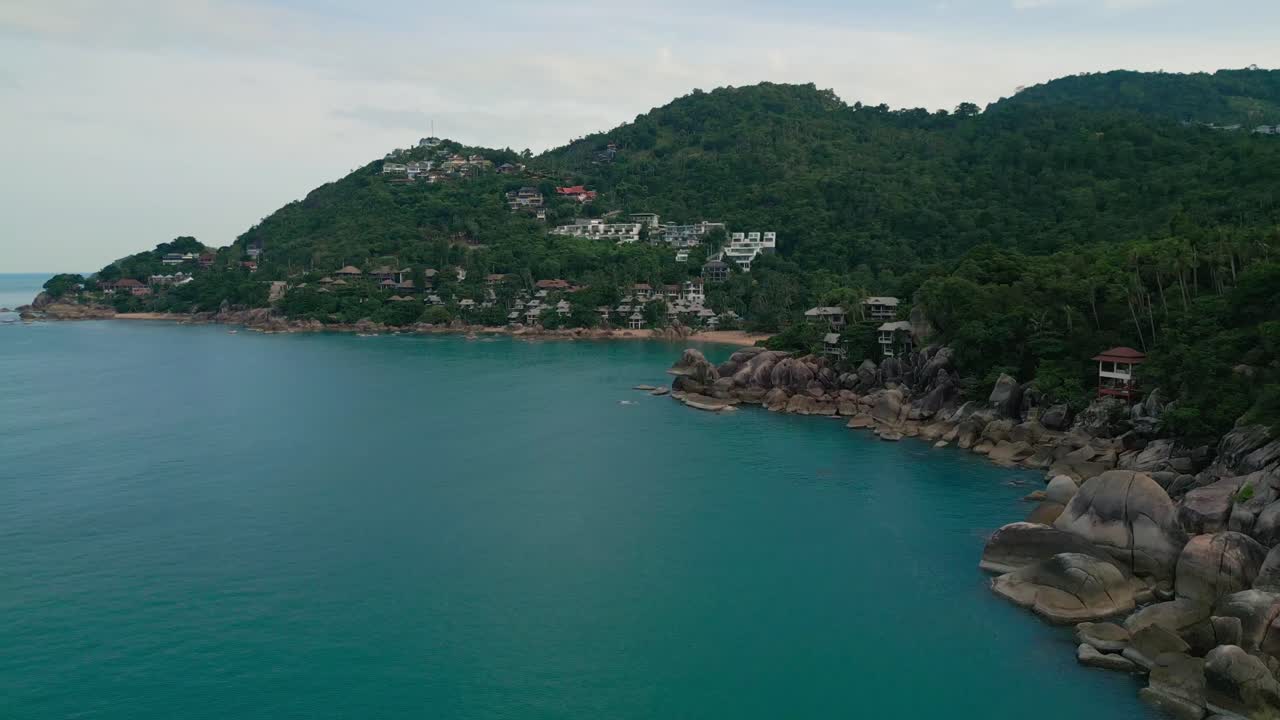 Blue Water of Thailand's Koh Samui Aerial, Coral Cove Beach Landscape, Drone Fly natural Southeast Asian travel destination