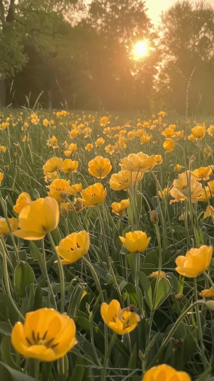 A serene video still of a sunlit field of yellow flowers at sunset, captured from a low angle