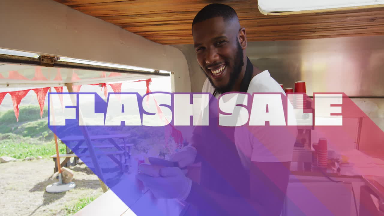 Serving food, man smiling with Flash Sale animation in restaurant setting