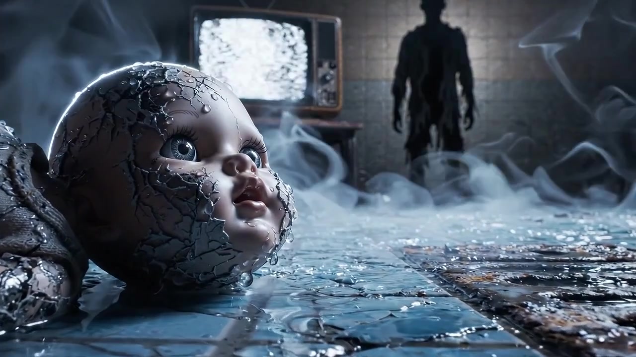 Eine gespenstische Szene mit einer zerbrochenen Puppe auf einem nebligen Boden, einer mysteriösen Gestalt und einem rauschgefüllten Fernsehbildschirm im Hintergrund, die eine unheimliche Spannung erzeugt.