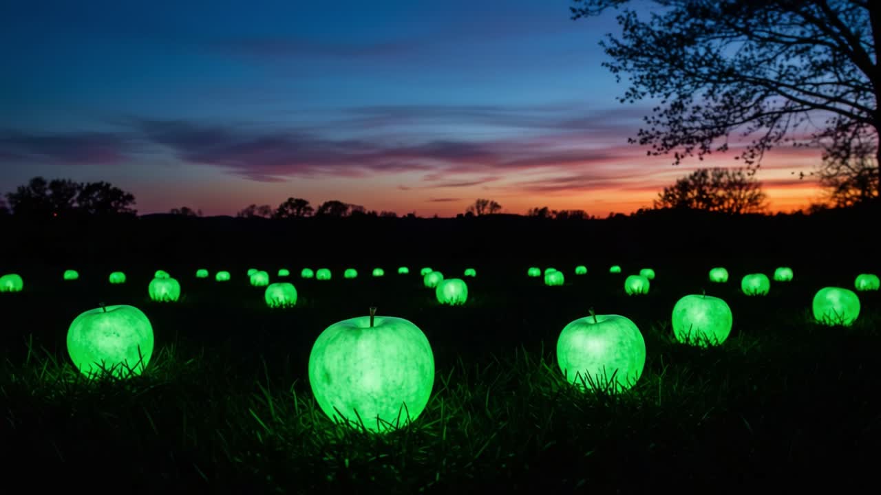 A Serene Field of Glowing Green Apple Sculptures Under a Vibrant Sunset Sky, Capturing the Tranquility of Nature and Artistic Expression in a Magical Landscape