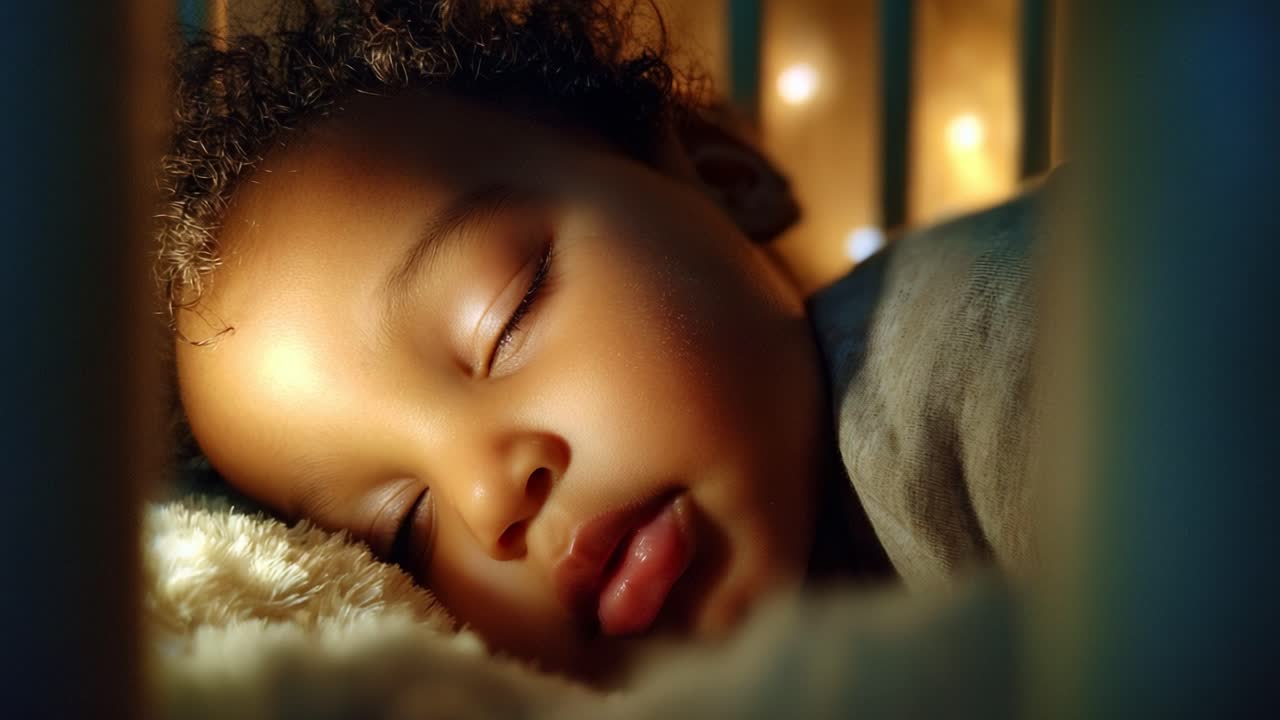 En fredfyldt sovende baby putter sig komfortabelt i en tremmeseng omgivet af blød belysning, hvilket skaber en hjertevarm og rolig atmosfære af sindsro og uskyld.