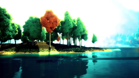 vibrant island landscape with colorful trees reflecting in water