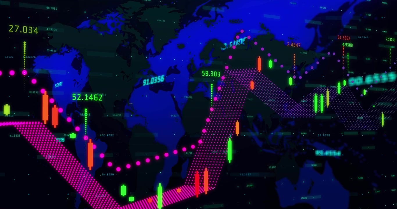 Animazione di elaborazione dati finanziari su una mappa del mondo.