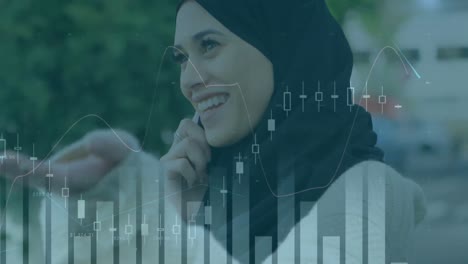 Animation-of-statistics-and-data-processing-over-woman-in-hijab-using-smartphone