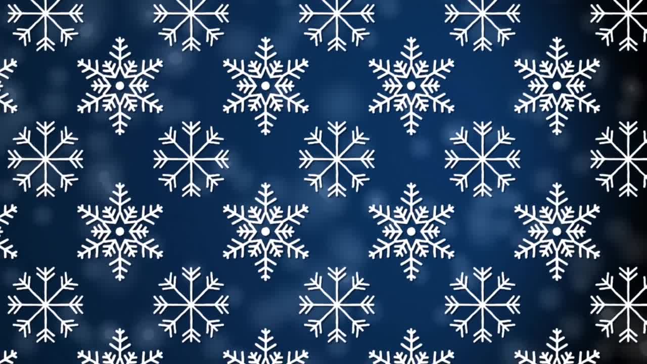 Digital animation of snowflakes icons in seamless pattern against spots of light on blue background