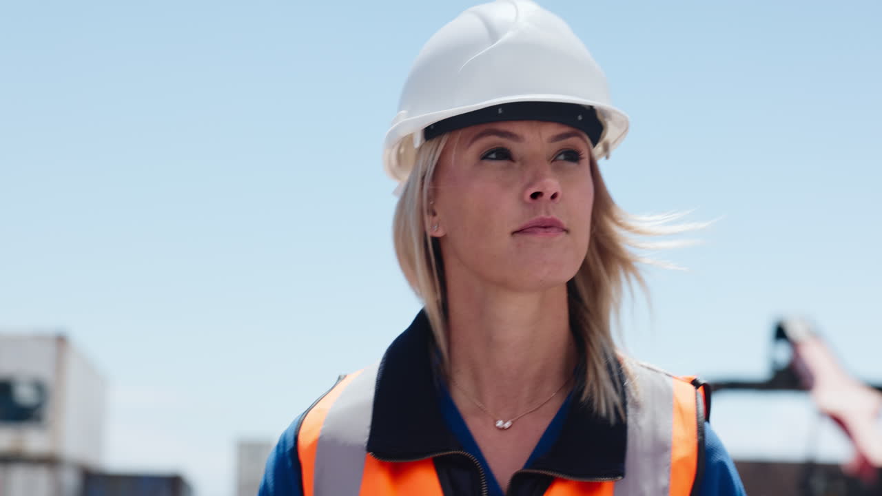 Donna professionista con cappello e giubbotto di sicurezza che osserva un sito industriale
