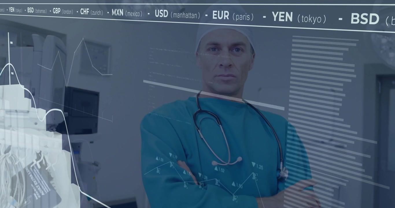 Monitor médico com faíscas, animação de gráfico de cotação de moeda enquanto cirurgião rastreia dados financeiros de saúde.