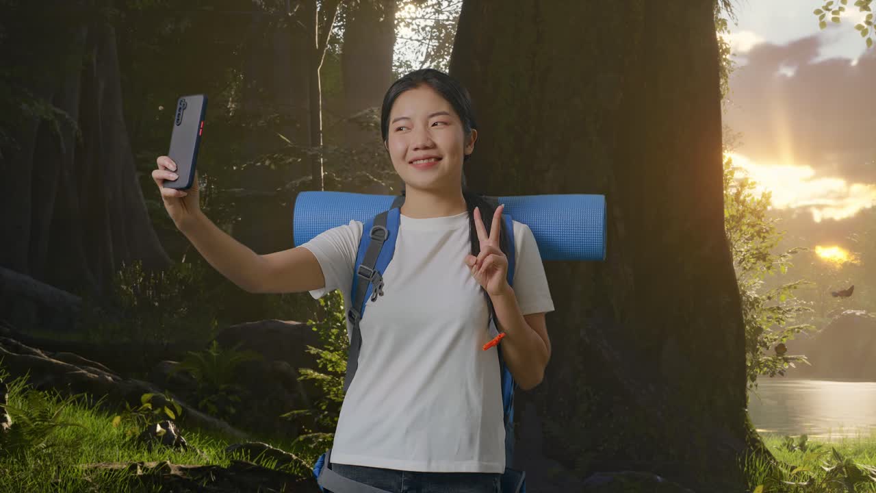 숲에서 셀피를 찍는 여자