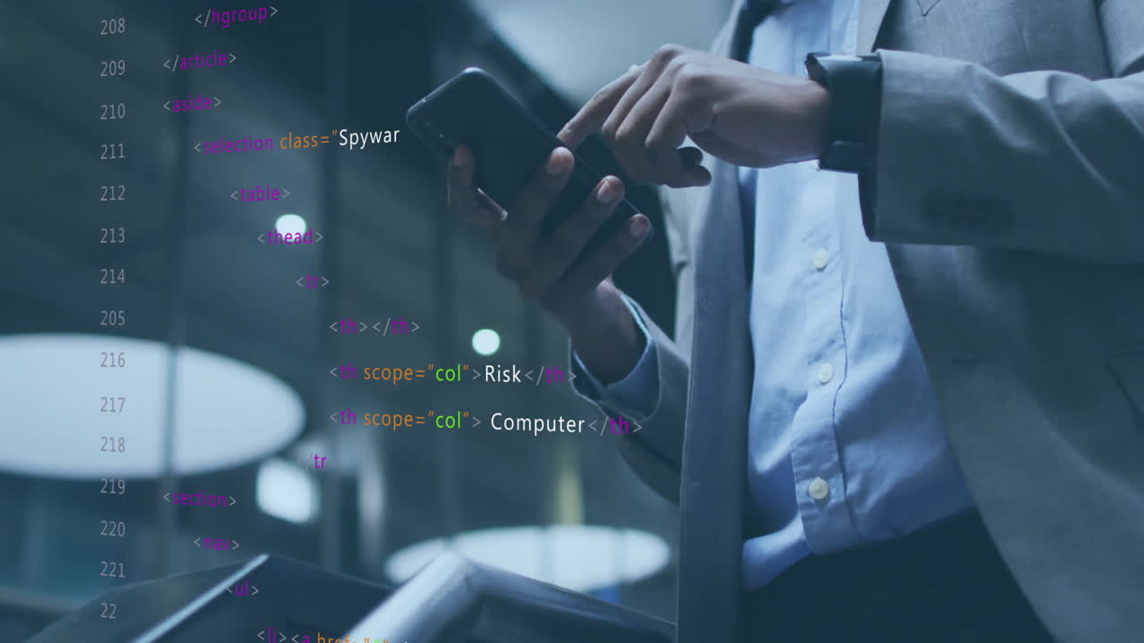 Animation of data processing over caucasian businessman using smartphone