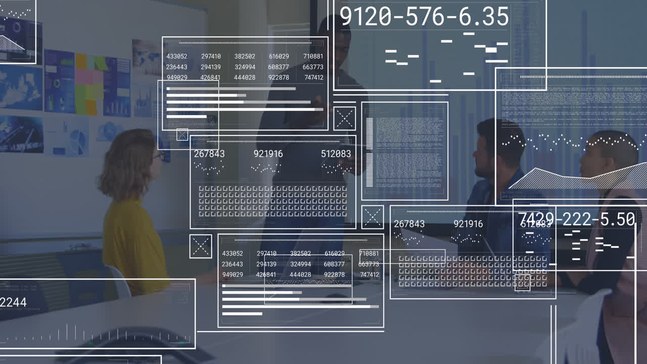 Animation of rectangles with numbers, loading bars, graphs, diverse coworkers discussing in meeting