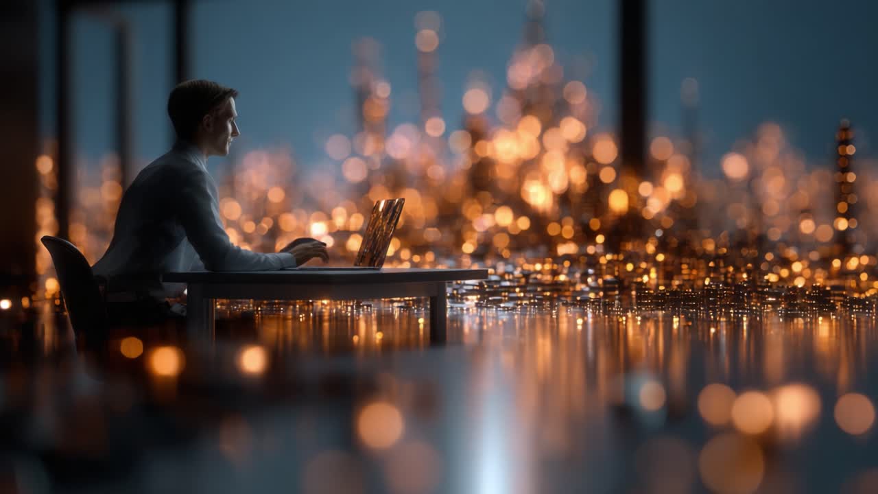 Una figura contemplativa osserva un paesaggio urbano illuminato, immersa nei suoi pensieri, circondata da un insieme di luci calde e da un'atmosfera di spazio di lavoro moderno.