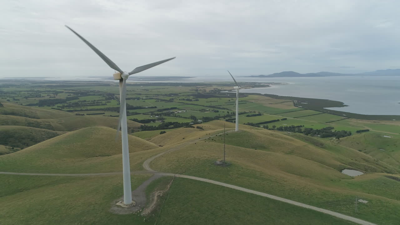 Aerial shot of wind turbines operating at Toora wind farm Victoria Australia