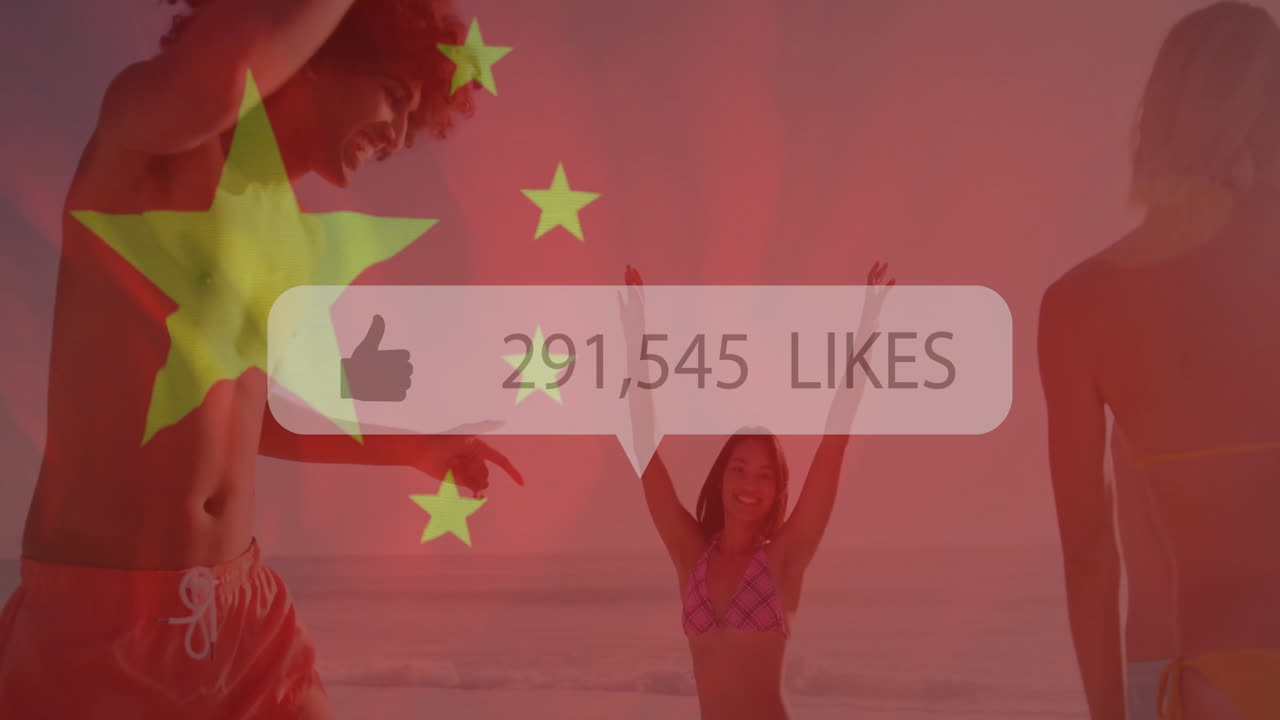 Animation of people on beach with social media likes and Chinese flag overlay