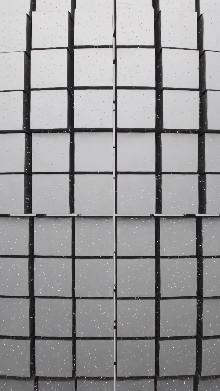 Vertical video: Shifting tile panel forming steps in lab seam showing contrast rising dust falling
