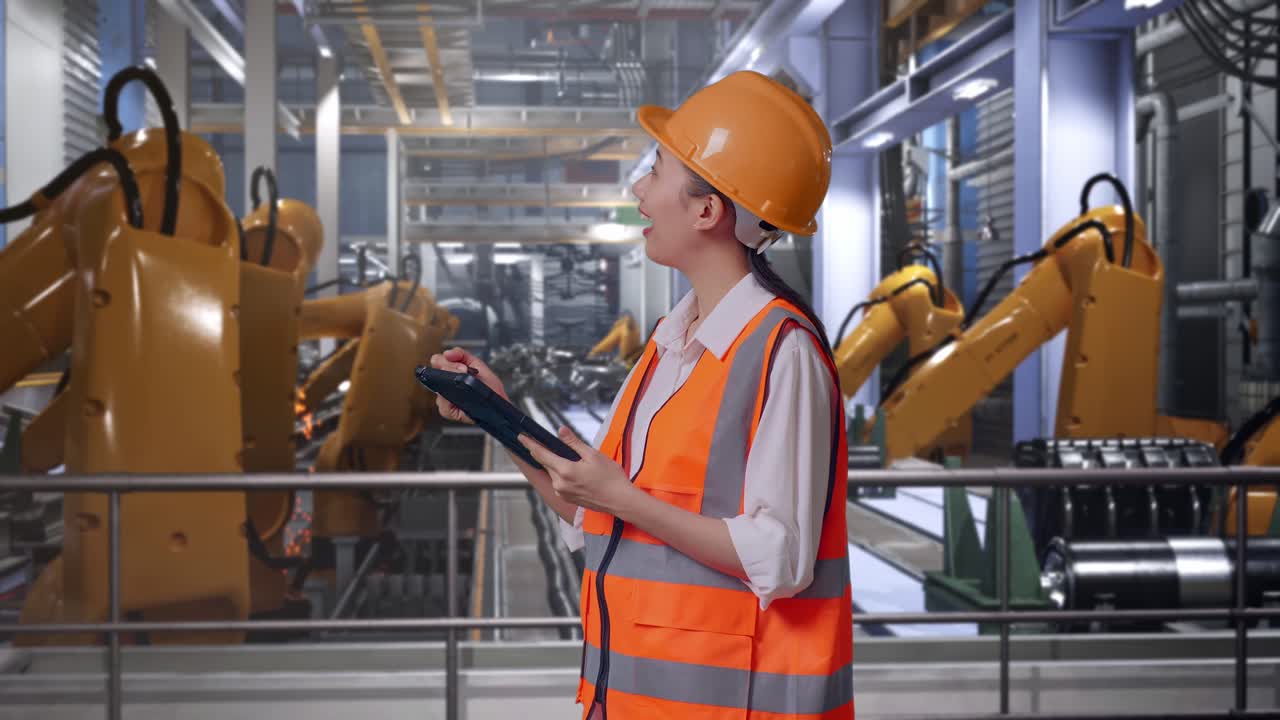 Side View Of Asian Female Engineer With Safety Helmet Taking Note On The Tablet And Looking Around While Standing With Industrial Robotic Arms Working