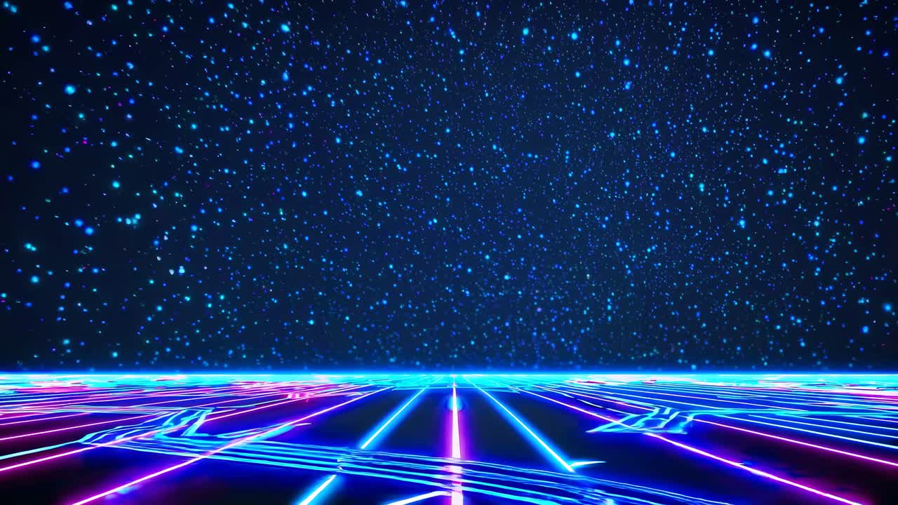 ローアングルから見たネオンのグリッドと星空が広がる、80年代レトロな未来的な動画コンセプト