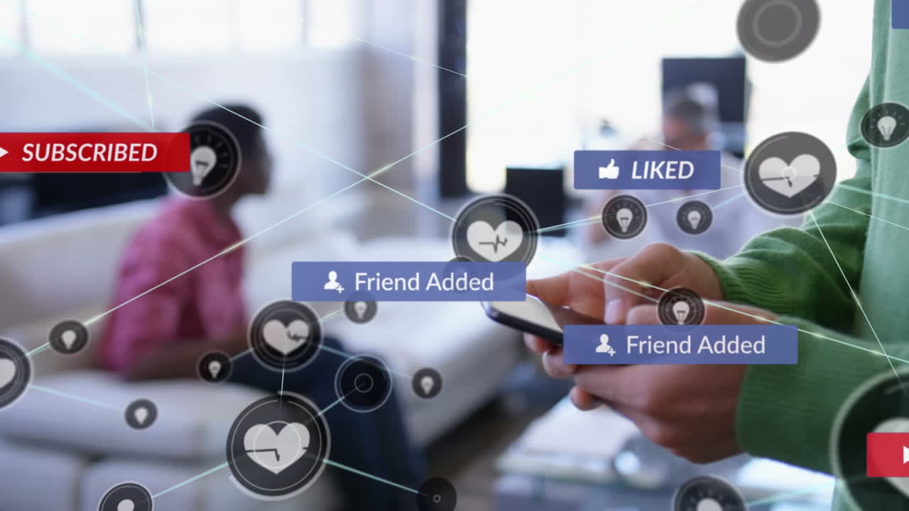 스마트폰을 사용하는 백인 남성에 대한 연결 네트워크와 소셜 미디어 아이콘의 애니메이션