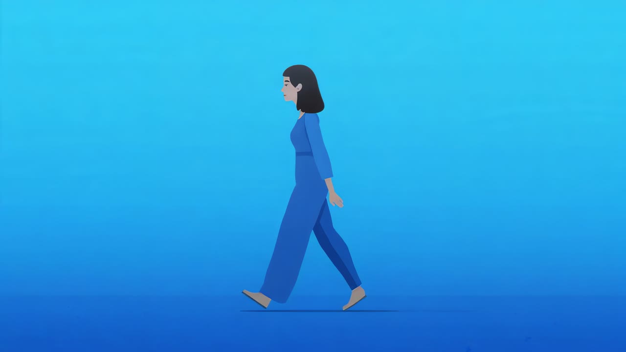 Walking Asian woman in blue outfit across studio with light streaks entering right as data flow