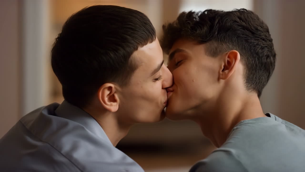Two young men sharing a tender kiss