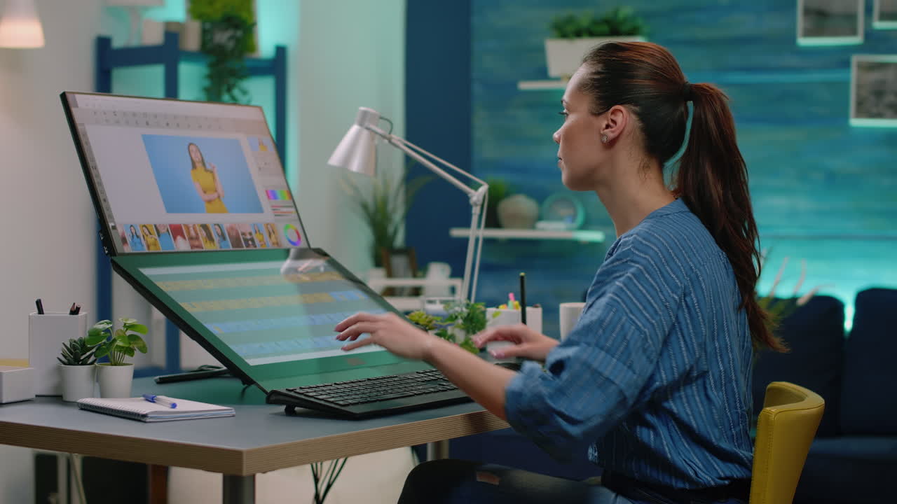 Editing artist doing retouch work on pictures using touch screen