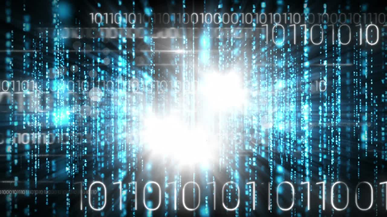 Digital animation of binary code technology and bright light 4K