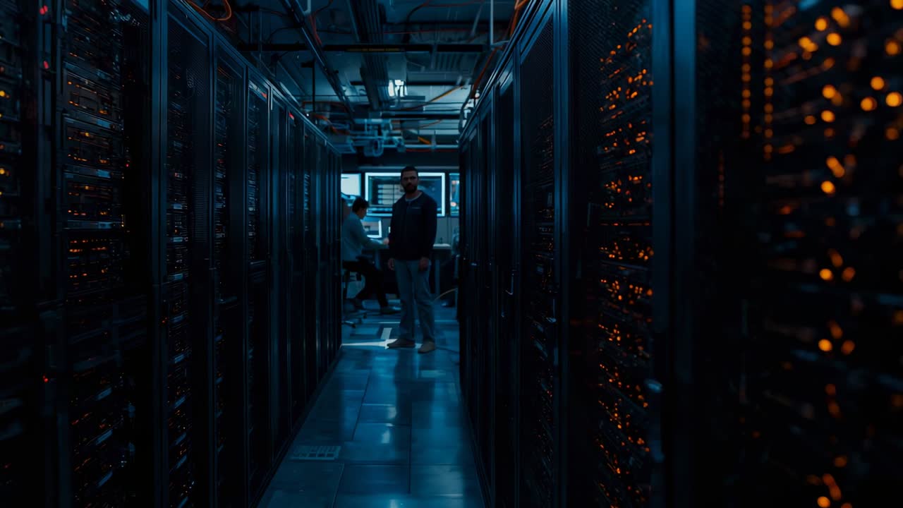 After camera panning technician walking to rack in tech room, with colleague monitoring dashboards