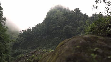 green mountain peak shrouded in mist and low cloud in quebrada gata trail, costa rica