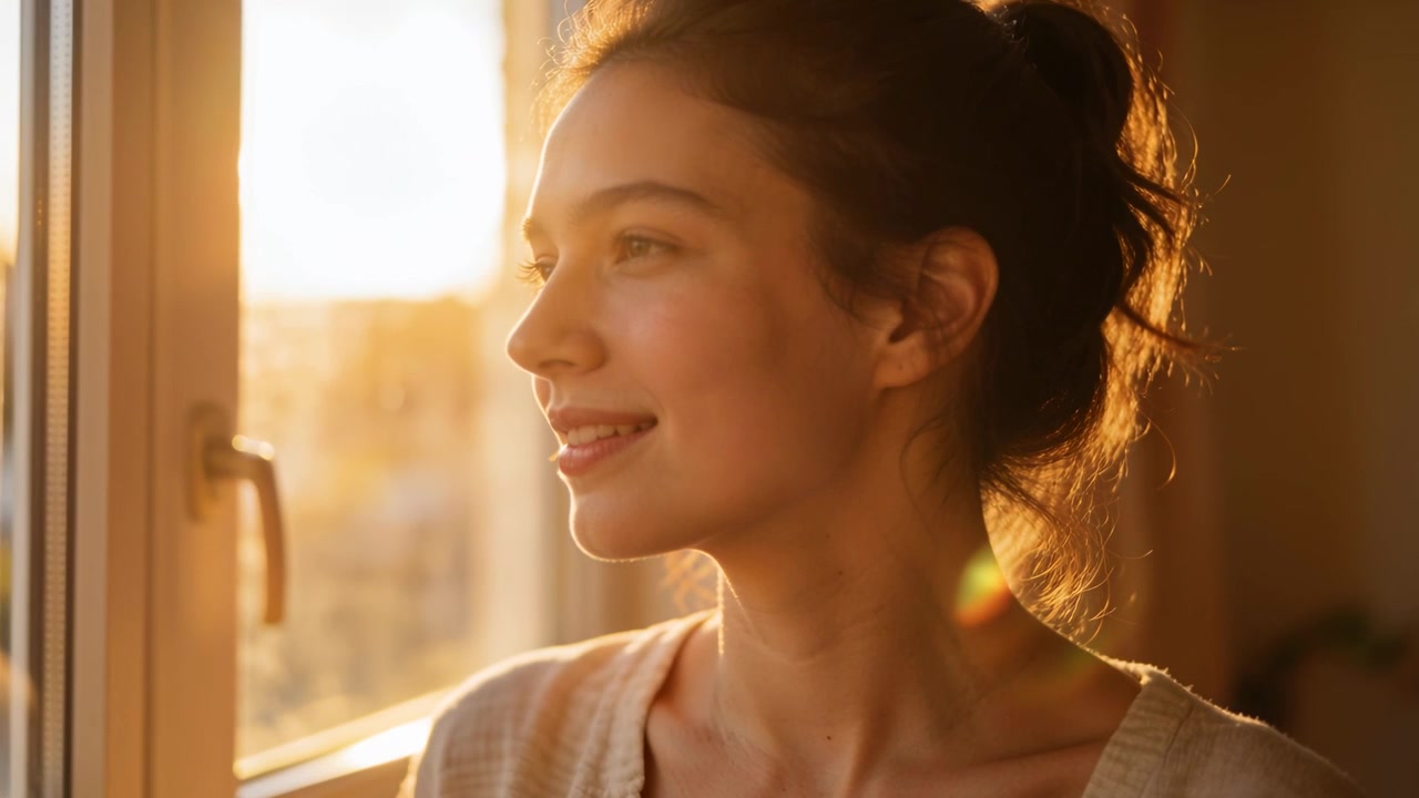 Turning woman toward rising sun at window at home, smiling, showing lens flare in light top