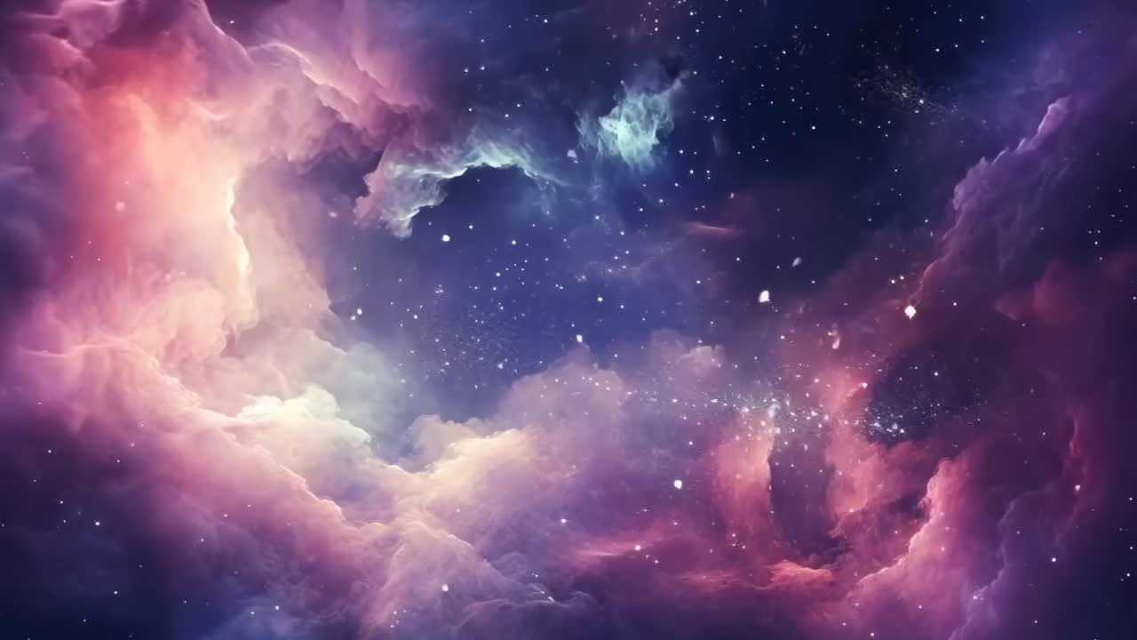 A mesmerizing cosmic scene with swirling nebulae and stars, captured from a wide-angle perspective