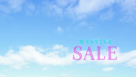 digital animation of neon massive sale text against clouds in the blue sky