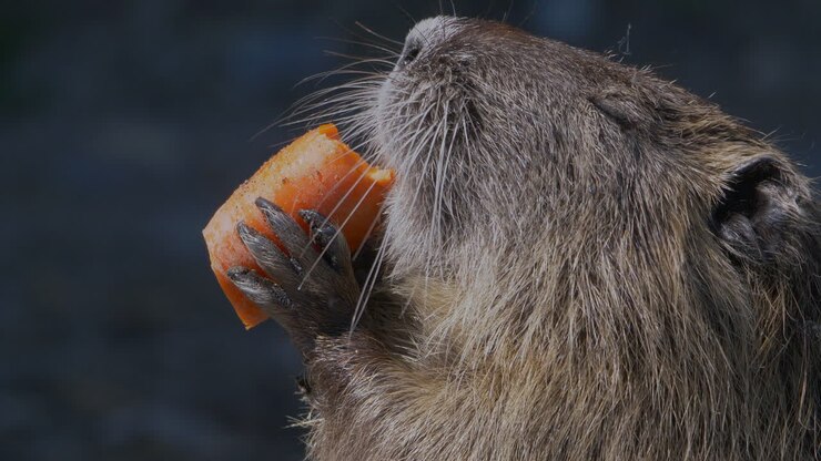 Primer plano de una nutria (Coipo) dulce comiendo zanahoria y disfrutando del sol.