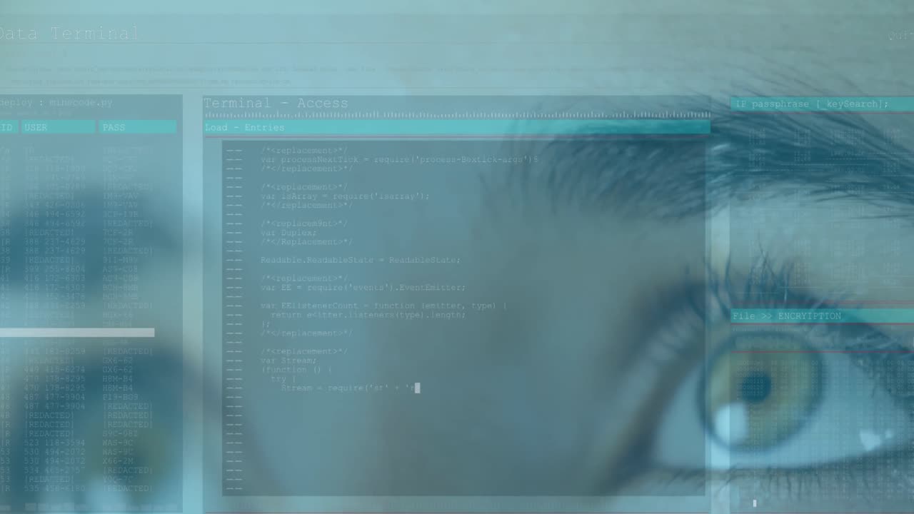 Animation of woman's green eyes and scrolling digital information with white and blue lines