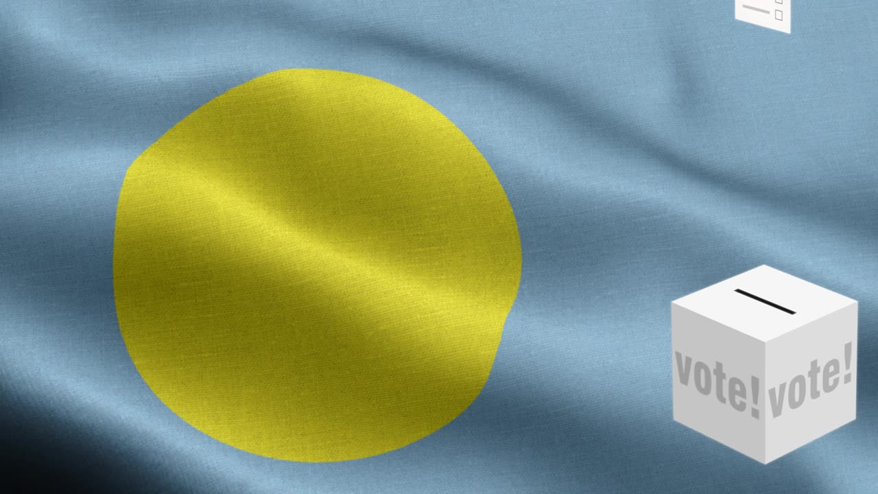 las papeletas de votación vuelan a la caja para la selección de palau - caja de votación frente a la bandera - elección - voto - bandera de palau - bandera de palau alto detalle - bandera nacional patrón de ondas de palau elementos loopables - textura de tela y bucle sin fin